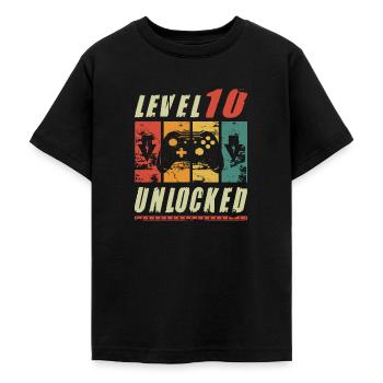Niveau 10 Joueur débloqué présentant un cadeau de 10e anniversaire - T-shirt Ado - noir - Devant - AI Model Teenager Male light (155cm)