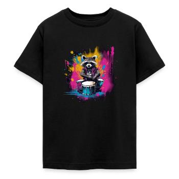 Waschbär Schlagzeuger Musik Tier Schlagzeug - Teenager T-Shirt - Schwarz - Vorne - AI Model Teenager Male light (155cm)