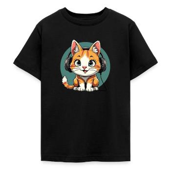Niedliche Katze mit Kopfhörer - Musik hören - Teenager T-Shirt - Schwarz - Vorne - AI Model Teenager Male light (155cm)