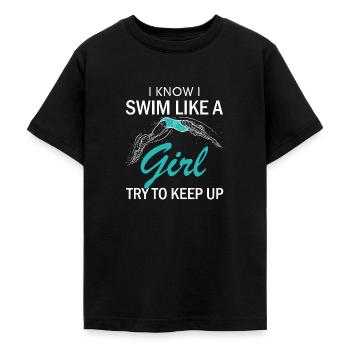 Ich schwimme wie ein Mädchen und versuche, den Schwimmzug aufrechtzuerhalten - Teenager T-Shirt - Schwarz - Vorne - AI Model Teenager Male light (155cm)