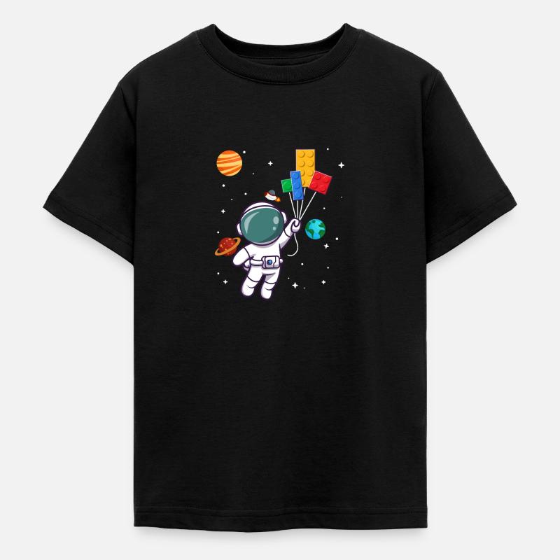 Astronaute avec des blocs de construction et des planètes dans l’espace - T-shirt Ado - noir