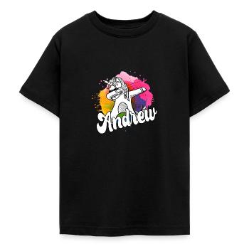 ANDREW - Beautiful Boy Name with Cool Unicorn - Teenage T-Shirt - black - Front - AI Model Teenager Male light (155cm)