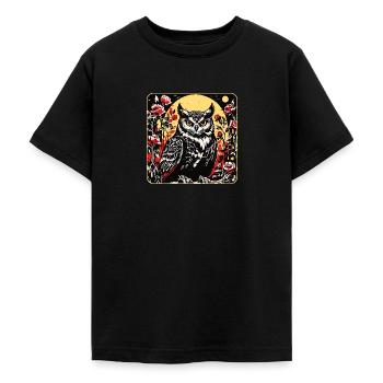 Eule mit Rosenblüten Ranken in Holzschnittoptik - Teenager T-Shirt - Schwarz - Vorne - AI Model Teenager Male light (155cm)