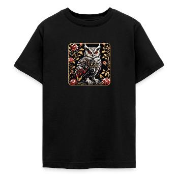 Eule mit Rosenblüten Ranken in Holzschnittoptik - Teenager T-Shirt - Schwarz - Vorne - AI Model Teenager Male light (155cm)