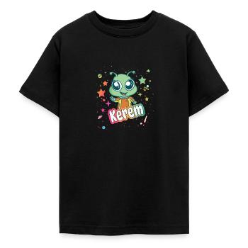 KEREM - Beautiful boy name with cute alien - Teenage T-Shirt - black - Front - AI Model Teenager Male light (155cm)