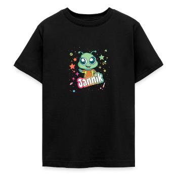 JANNIK - Beautiful boy name with cute alien - Teenage T-Shirt - black - Front - AI Model Teenager Male light (155cm)