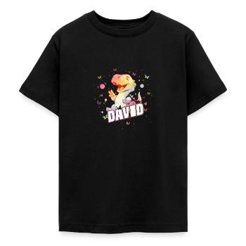 DAVID - Beautiful boy name with cute DINO T-REX - Teenage T-Shirt - black - Front - AI Model Teenager Male light (155cm)