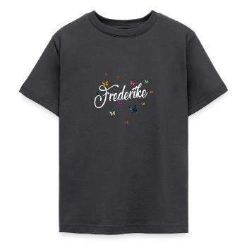 FREDERIKE - Girl's Name & Colorful Butterflies - Teenage T-Shirt - dark grey - Front - AI Model Teenager Male light (155cm)