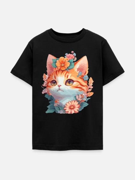 Rote Katze mit Blumen - Teenager T-Shirt - Schwarz