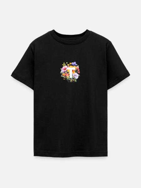 T Monogramm , bunter Blumenstrauss - Teenager T-Shirt - Schwarz
