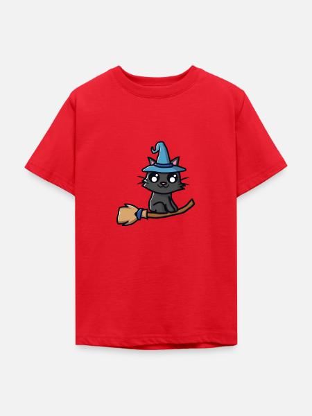 Katze mit Hexenhut auf Hexenbesen - Teenager T-Shirt - Rot