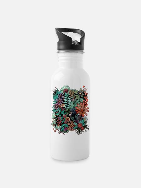 Fleurs et feuilles - Gourde avec paille intégrée - blanc