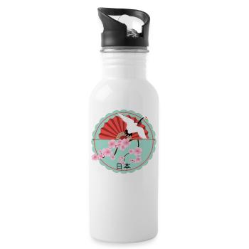 Japan fan on cherry blossom with crane round - Water bottle with straw - white - Right