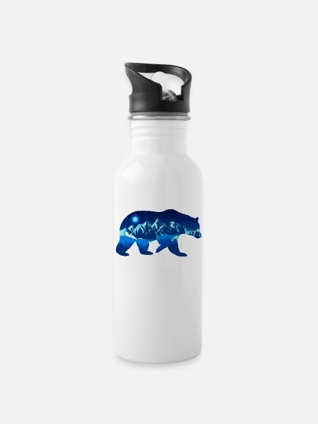 Bear at night in front of mountains in the forest - Water bottle with straw - white
