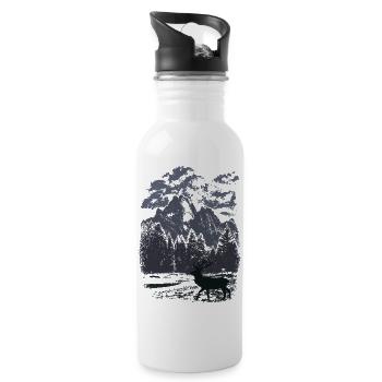 Bergwald und Rothirsch (Blau) - Trinkflasche mit integriertem Trinkhalm - Weiß - Rechts