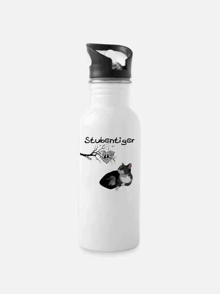 Stubentiger - Romantischer Katzenliebhaber - Trinkflasche mit integriertem Trinkhalm - Weiß