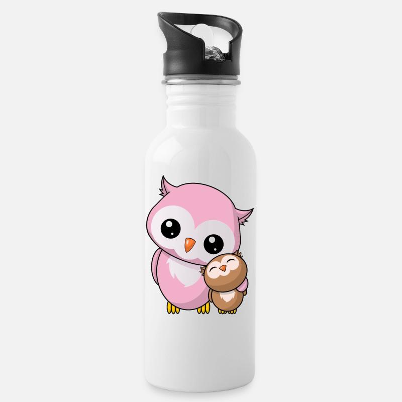 Owls Siblings - Cadeau mignon de chouette Kawaii - Gourde avec paille intégrée - blanc