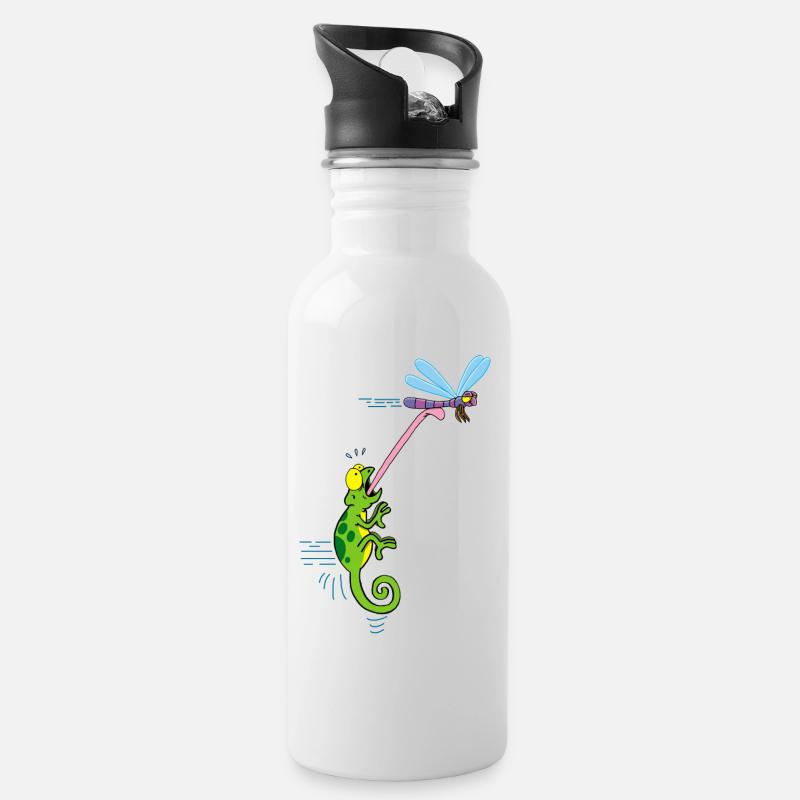 Chamäleon und Libellen - Trinkflasche mit integriertem Trinkhalm - Weiß