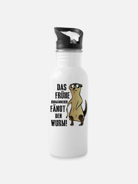 DAS FRÜHE ERDMÄNNCHEN FÄNGT DEN WURM! - Trinkflasche mit integriertem Trinkhalm - Weiß