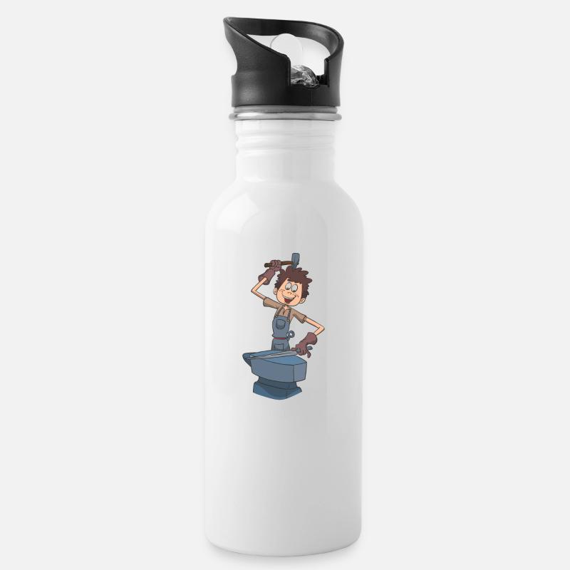 Schmied Amboss Hammer - Trinkflasche mit integriertem Trinkhalm - Weiß