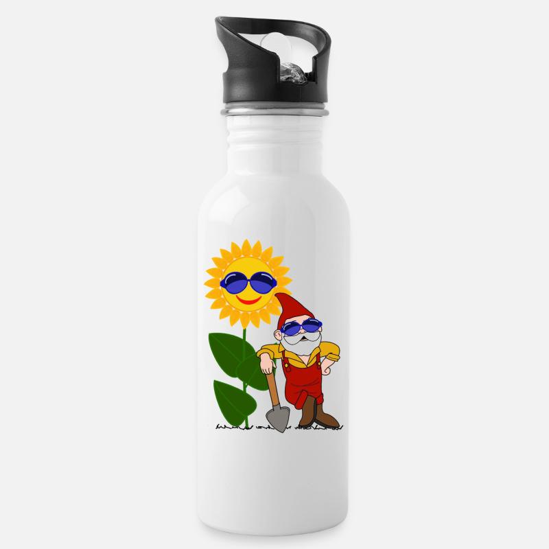 Gartenzwerg, Sonnenblume, Sonnenbrille - Trinkflasche mit integriertem Trinkhalm - Weiß