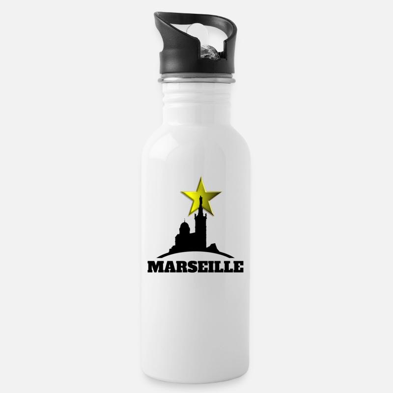 Marseille Bonne Mere etoile Spaß und cooles OM - Trinkflasche mit integriertem Trinkhalm - Weiß