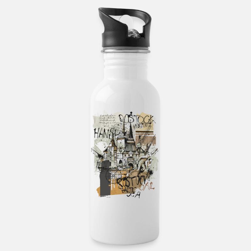 Rostock collage brown - Water bottle with straw - white