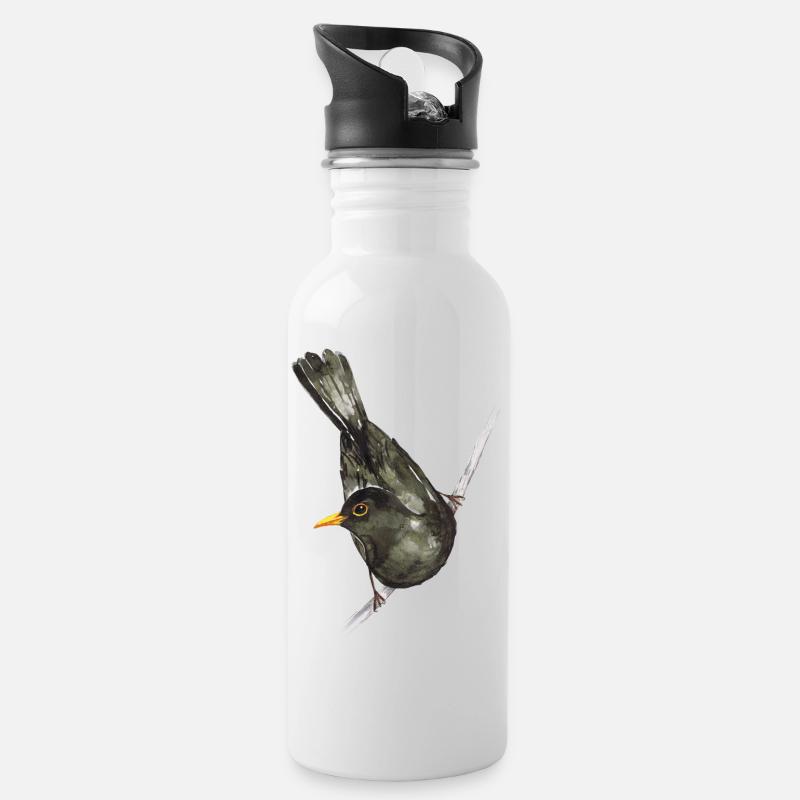 Amsel Aquarell - Trinkflasche mit integriertem Trinkhalm - Weiß