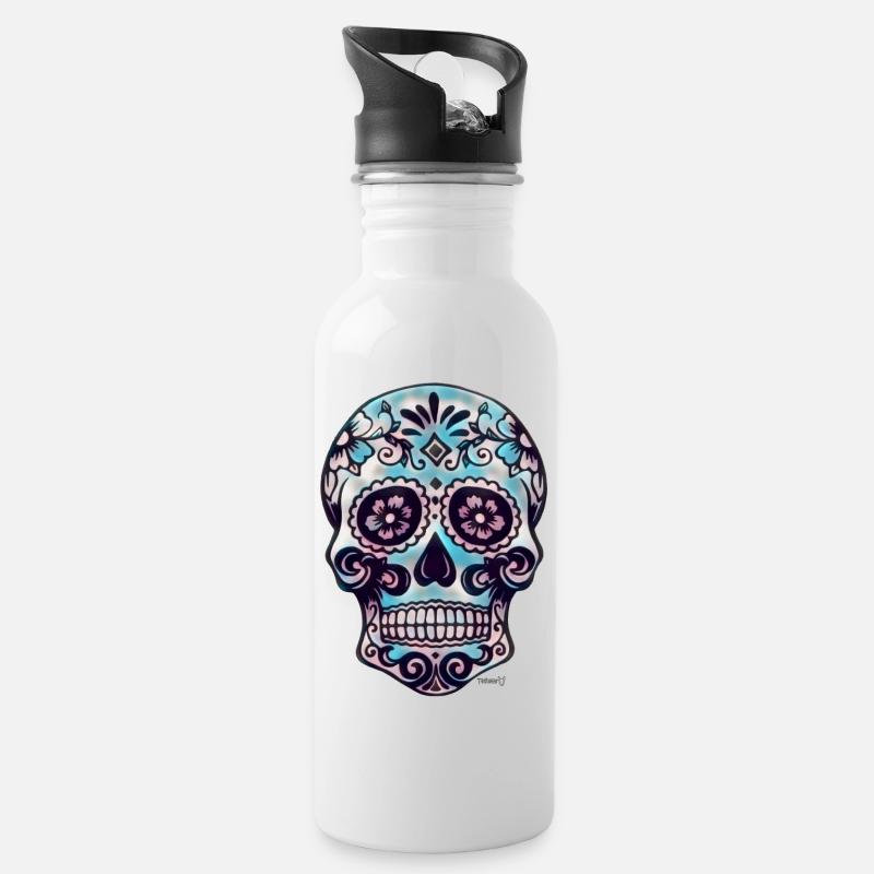 Zuckerschädel - Trinkflasche mit integriertem Trinkhalm - Weiß