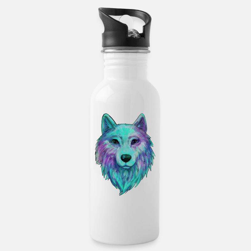 Wolf Kopf Wolfhead Zeichnung Kunst Illustration - Trinkflasche mit integriertem Trinkhalm - Weiß