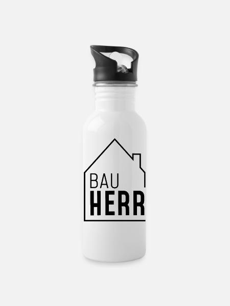 Bauherr mit Haus - Trinkflasche mit integriertem Trinkhalm - Weiß