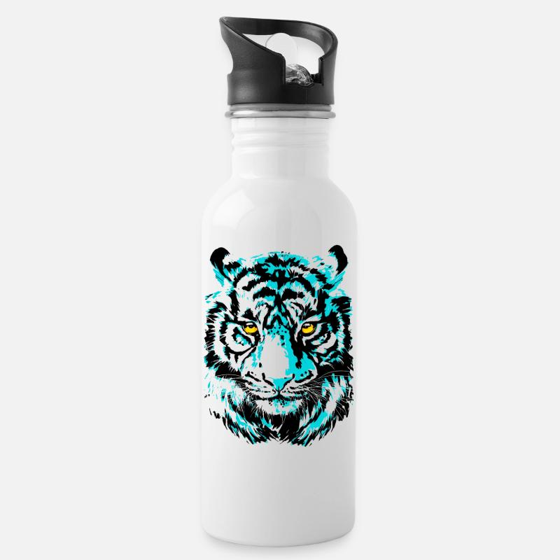 Tigerkopf - Bunter Tiger - Wildkatze Raubtier - Trinkflasche mit integriertem Trinkhalm - Weiß