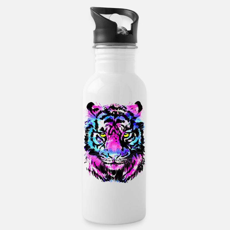 Tigre coloré - Dessin de tigre magenta rose néon - Gourde avec paille intégrée - blanc