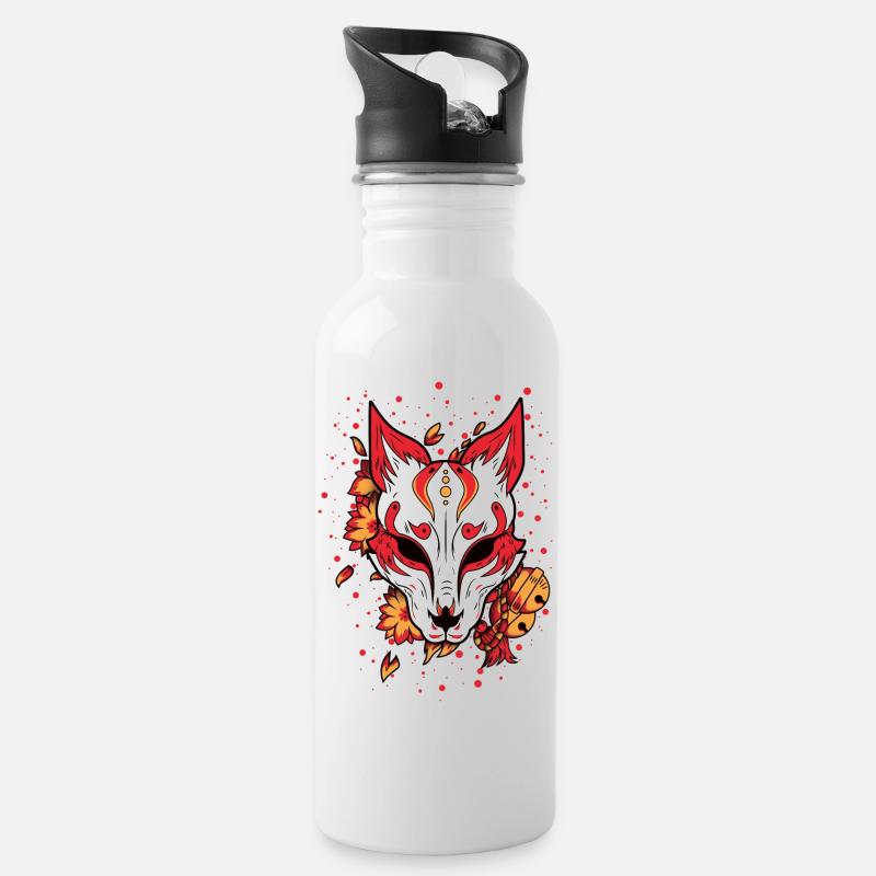 Fox Mask, Fox, Kitsune - Water bottle with straw - white