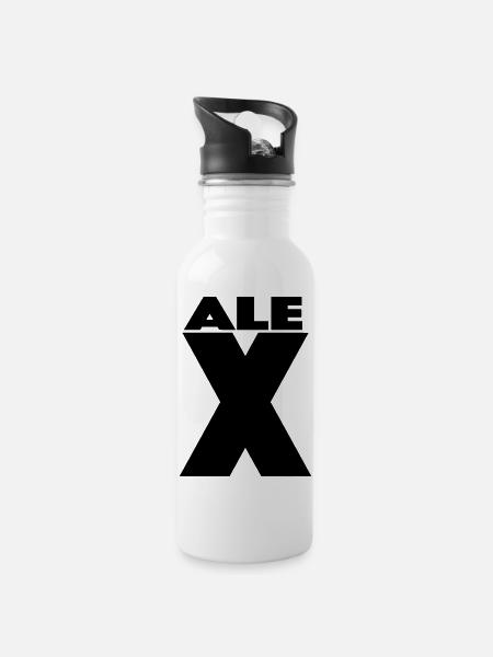 Alex X – Minimal Name Design - Trinkflasche mit integriertem Trinkhalm - Weiß