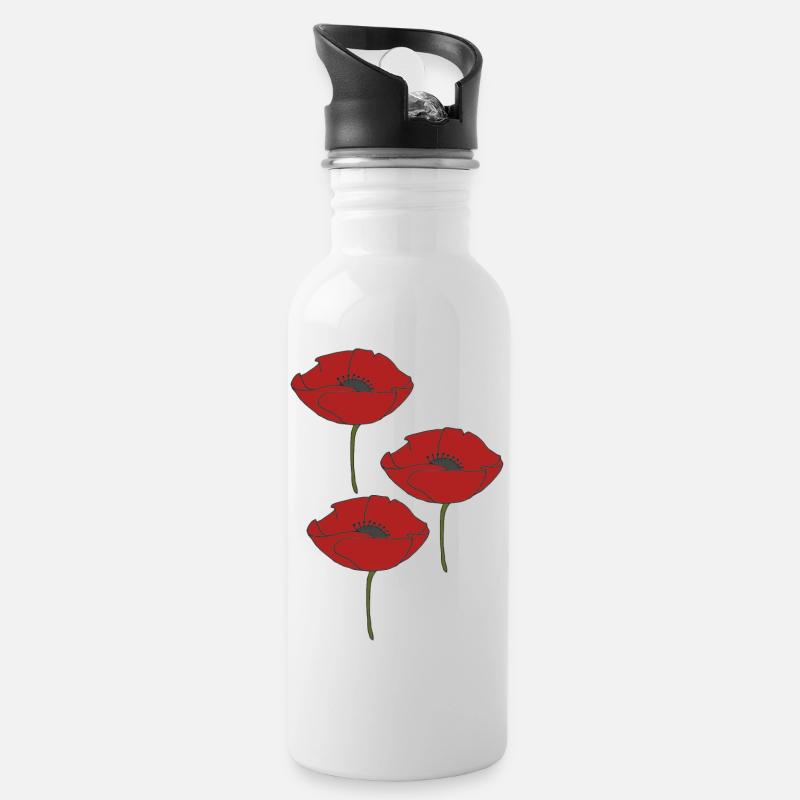 mohnblumen - Trinkflasche mit integriertem Trinkhalm - Weiß