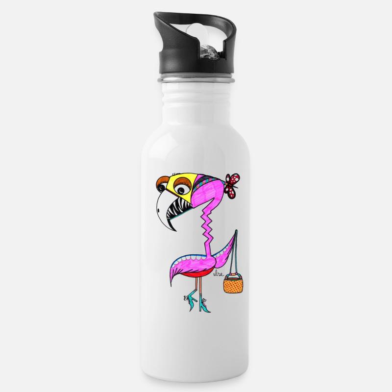 Flamingo - Trinkflasche mit integriertem Trinkhalm - Weiß