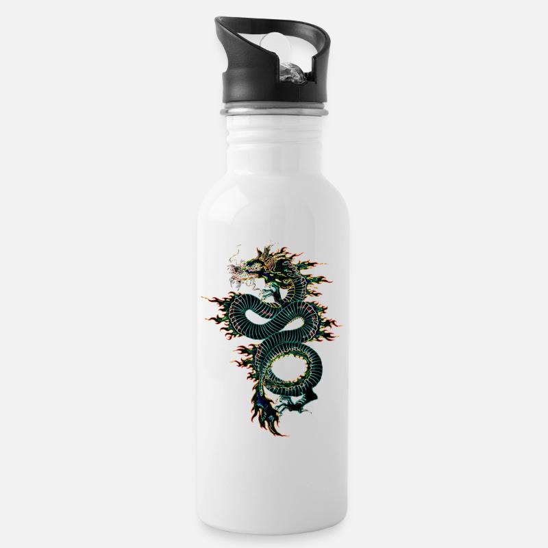 Chinesischer Drache - Trinkflasche mit integriertem Trinkhalm - Weiß