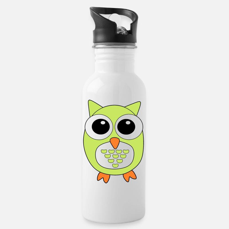 Eule grüne Eule - Trinkflasche mit integriertem Trinkhalm - Weiß