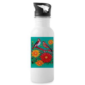 Zwei Vögel im Garten mit Blumen - Trinkflasche mit integriertem Trinkhalm - Weiß - Rechts