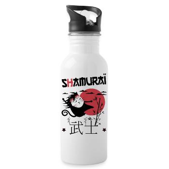 Shamuraï Cat Fighter, Funny Samurai Black Cat - Water bottle with straw - white - Right