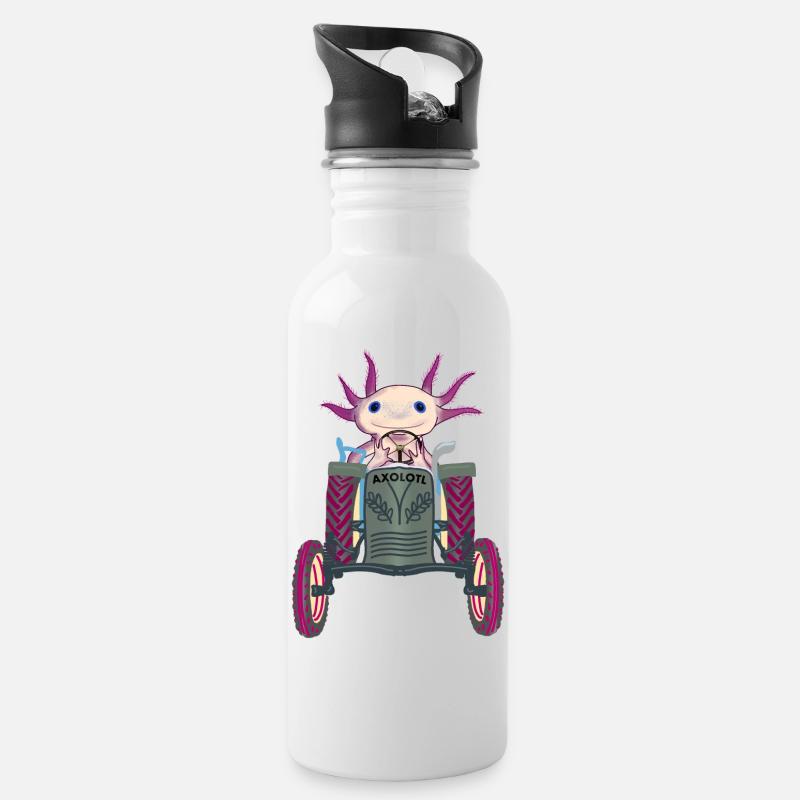 Kultiger Axolotl fährt Traktor - Trinkflasche mit integriertem Trinkhalm - Weiß