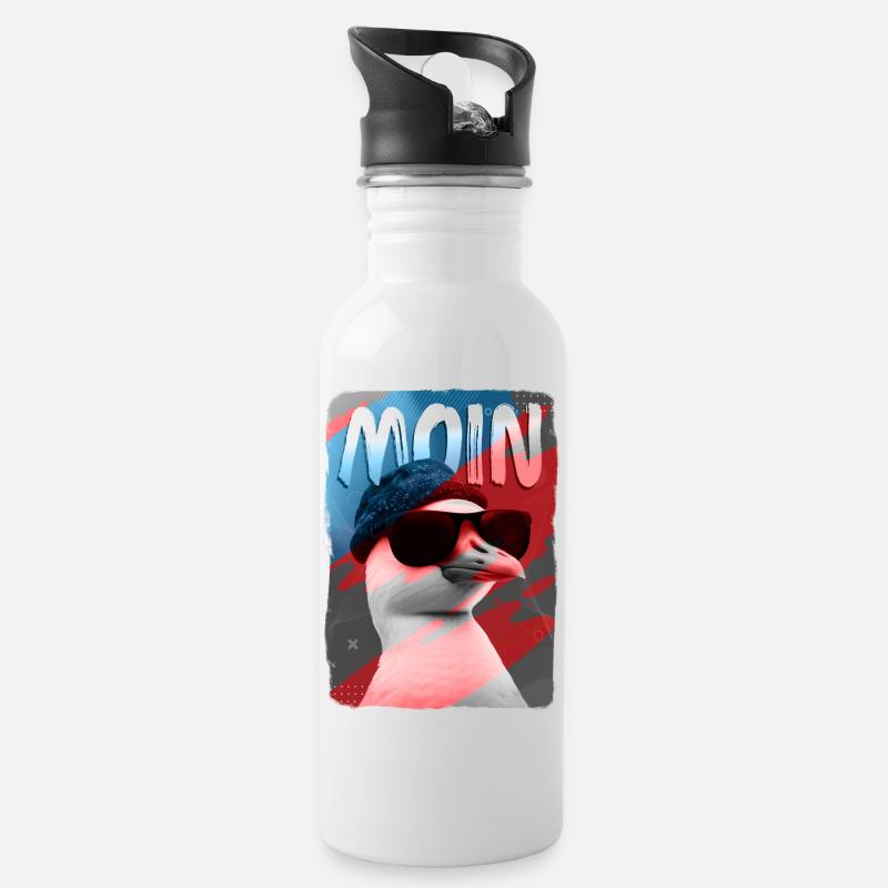 Moin! Hamburger Möwe mit Sonnenbrille - Trinkflasche mit integriertem Trinkhalm - Weiß