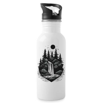 Tattoo style waterfall pine tree outdoor logo - Water bottle with straw - white - Right