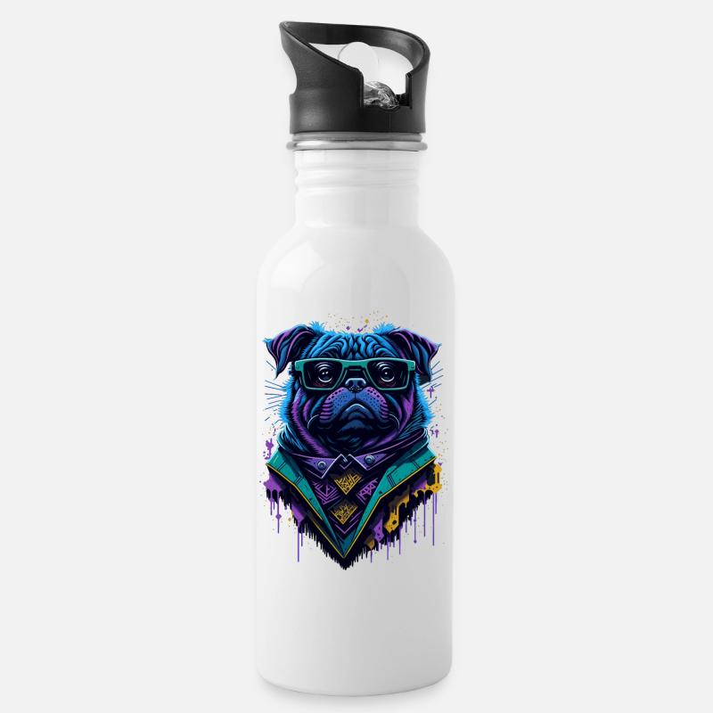 Graffiti Cyberpug - Trinkflasche mit integriertem Trinkhalm - Weiß