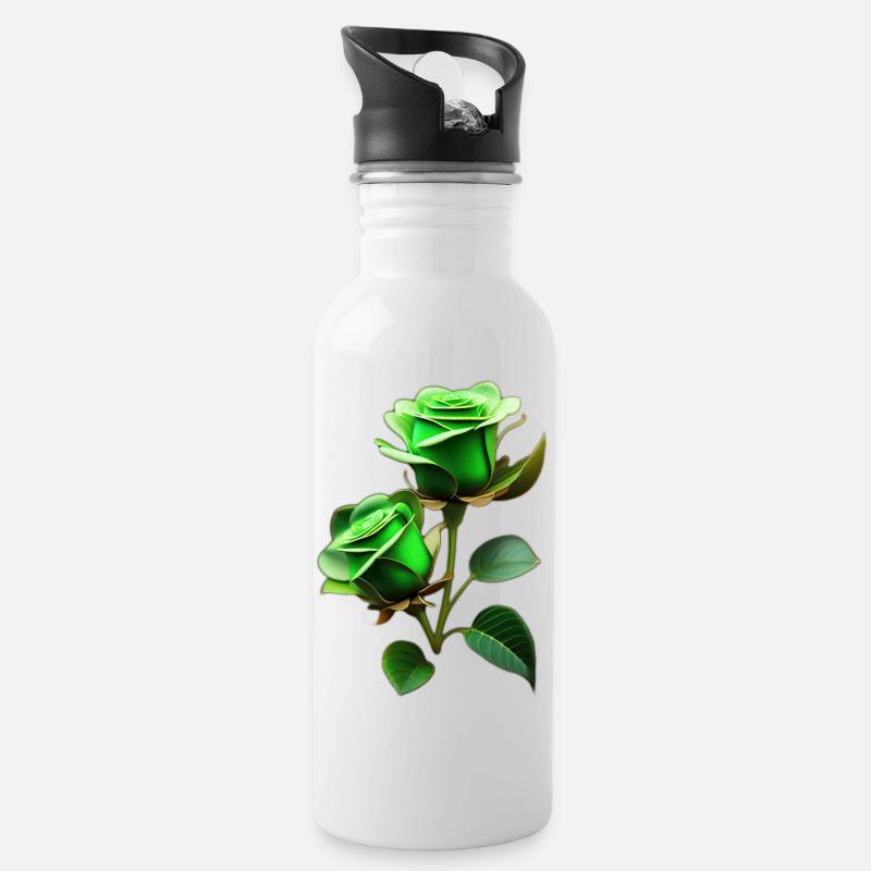 Grüne Rosen - Trinkflasche mit integriertem Trinkhalm - Weiß