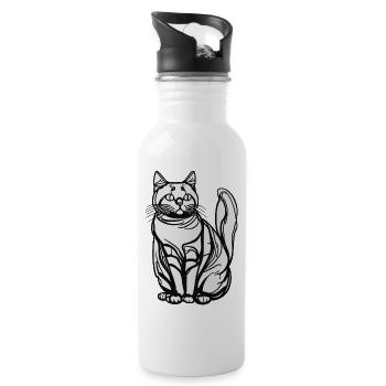 One-Line Sitting Cat - Water bottle with straw - white - Right