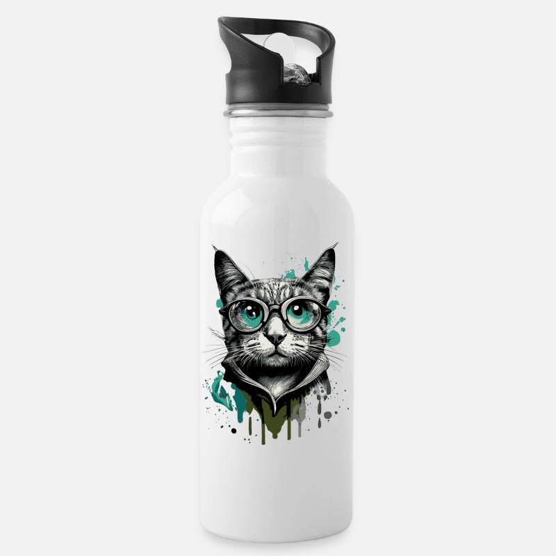 Katze mit Brille - Nerd Katze - Katzengesicht - Trinkflasche mit integriertem Trinkhalm - Weiß
