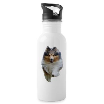 Cheerful running Sheltie, happy cute dog - Water bottle with straw - white - Right