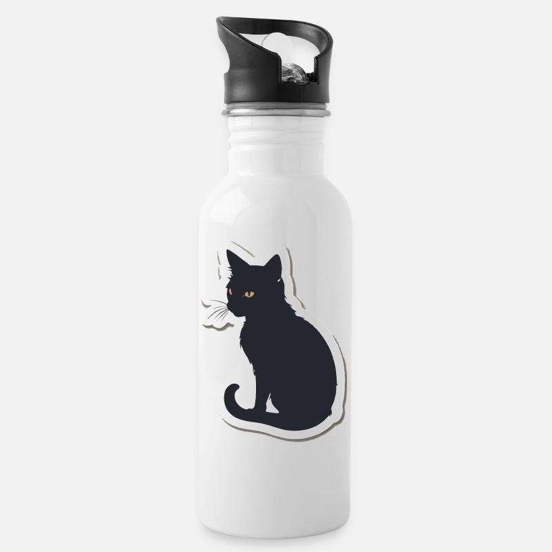 Katze Silhouette - Trinkflasche mit integriertem Trinkhalm - Weiß